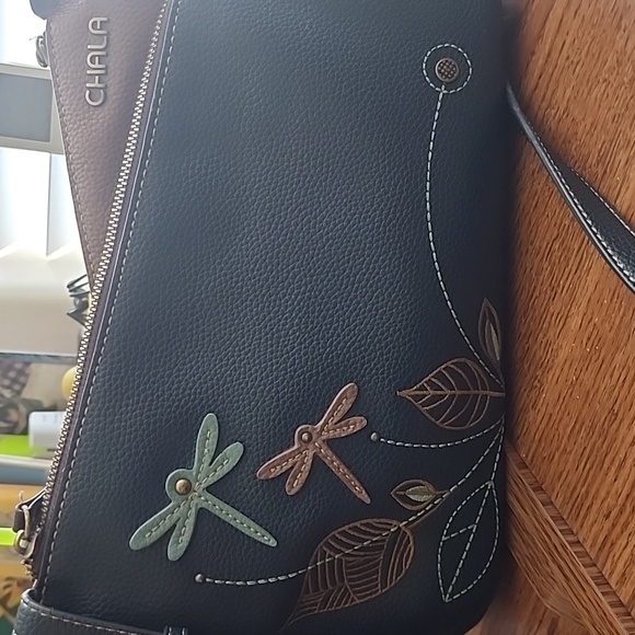 Chala Handbags - Chala Blue and Brown Crossbody Bag with Leaf and Dragonfly Accents